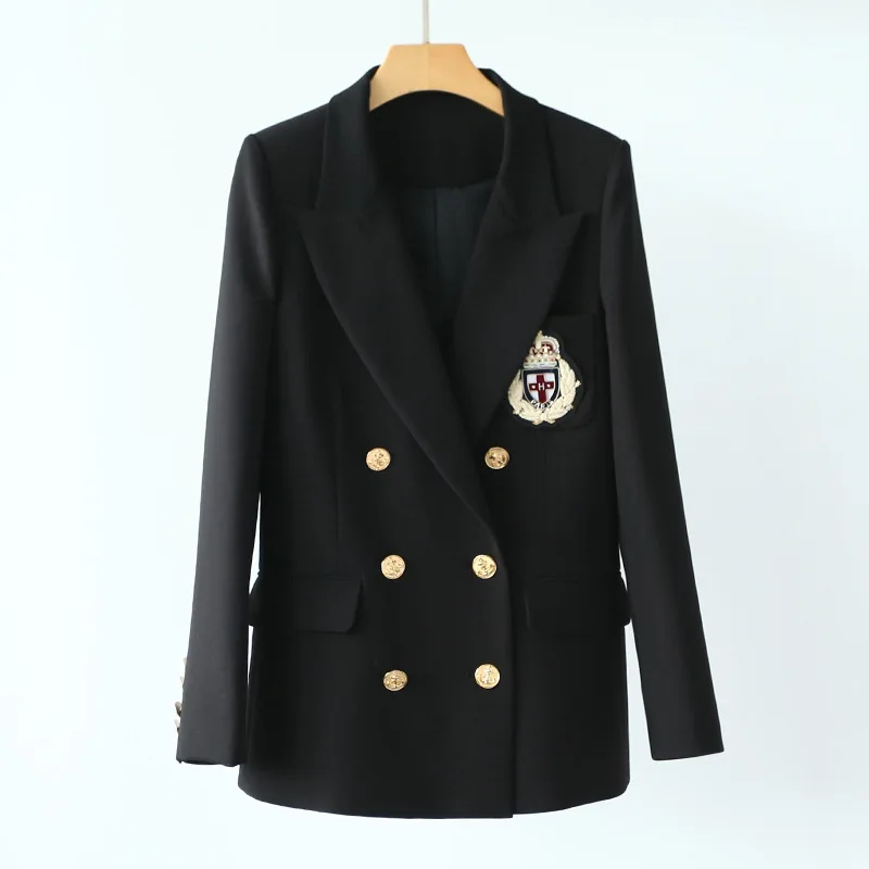 High-end European and American Street Trendy Women's Wear Long Sleeve Slim Handmade Badge Small Suit 2019 Black Suit