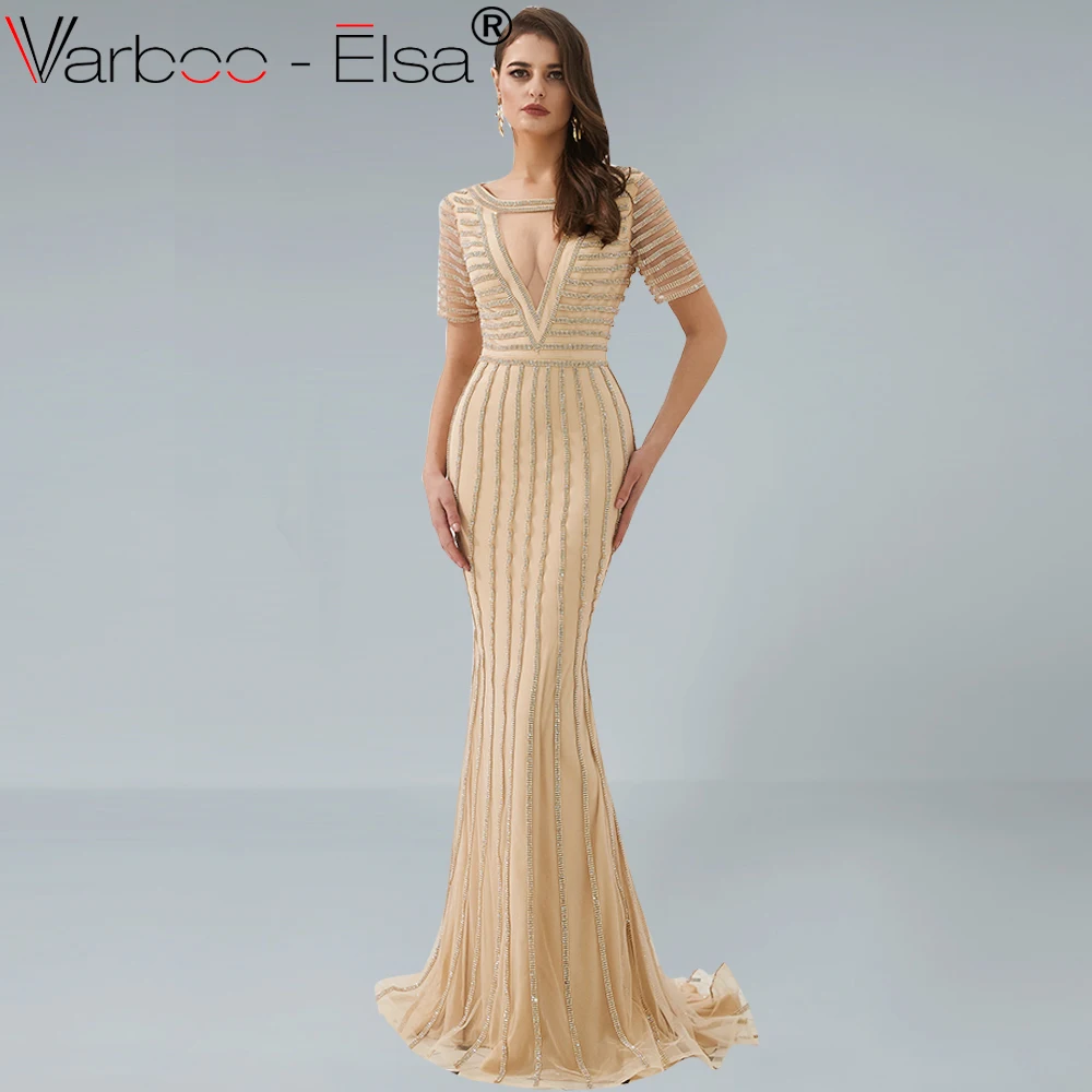 

VARBOO_ELSA Luxury Gold Prom Dresses Saudi Arabic Mermaid Evening Gowns 2019 Vestido De Fiesta Robe De Soiree Evening Dresses