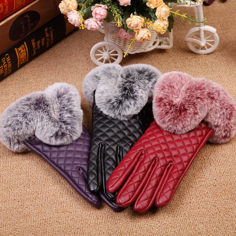 

New RABBIT Fur Mittens Winter PU Leather Gloves Mittens Sport Tactical Glove Lady Elegant Guantes Women Female Gloves