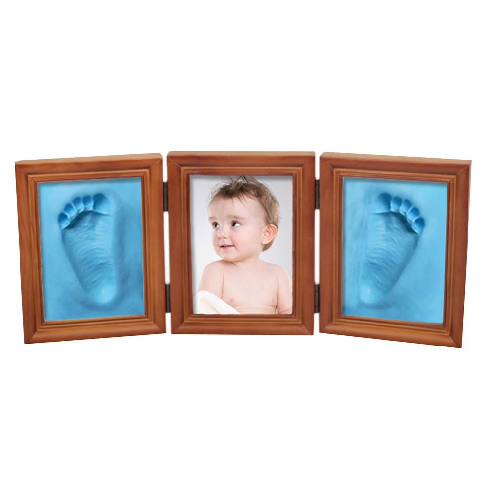

New Cute 3D DIY Baby Photo Frame Handprint Footprint Soft Clay Toy Triple Solid Wood Photo Brown Frame Ceremony Gift for Baby