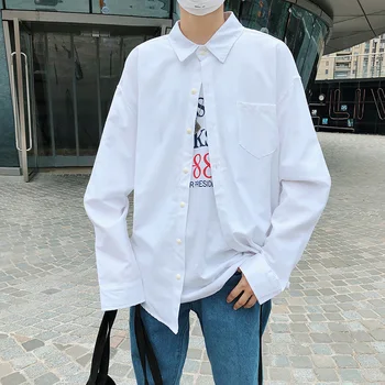 

2018 Korean Autumn New Men's Fashion Tide Cartoon Cat Printing Pattern Lapel Loose Casual Solid Color Long Sleeve Shirts M-2XL