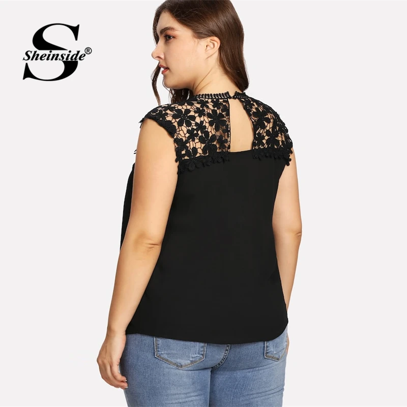 Sheinside размера плюс, черный цветочный кружевной топ без рукавов для женщин, Летняя Повседневная Длинная блуза с замочной скважиной на спине, базовые Топы больше размера