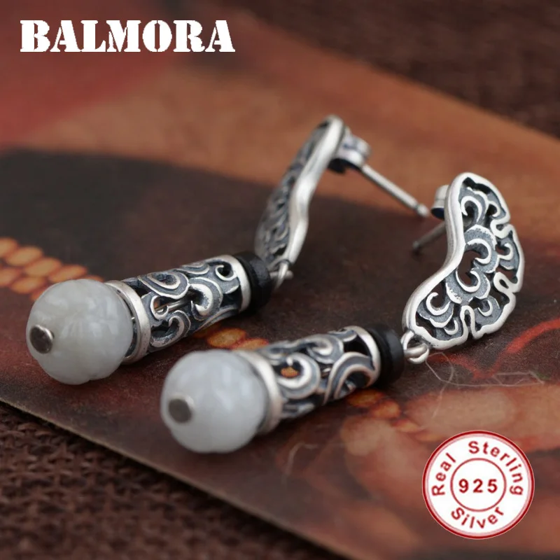 

BALMORA 925 Sterling Silver Hollow Flower Earrings for Women Gift Ethnic Earrings Jadeite Thai Silver Jewelry Brincos TRS30821