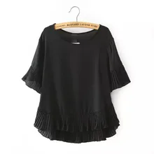 Nice Summer Shirt Women Blouse Ruffles Pleated Hems Short Sleeve O-neck red/black/white Slim Style Tops Camisas Feminina AB8525