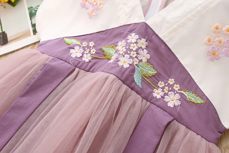 Платье для маленьких девочек; модные детские платья с цветочной вышивкой в китайском стиле для девочек; сетчатая одежда с юбкой-пачкой; летние платья принцессы