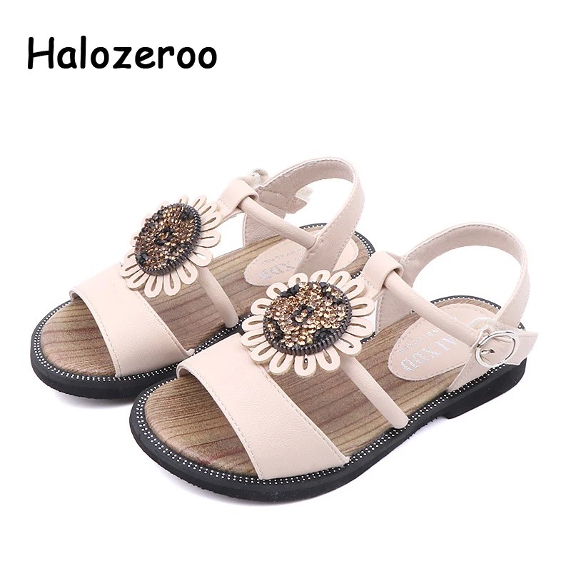 

New 2019 Summer Kids Beach Sandals Baby Girls Rhinestone Princess Sandals Children Flower Shoes Pu Leather Sandals Brand Flats