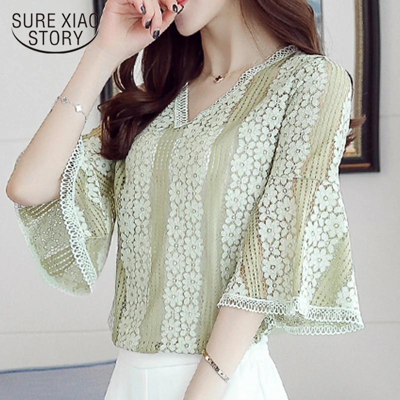 womens tops and blouses Summer blouse for women 2019 Speaker Sleeve Women blouses v-neck Hollow lace blouse women shirts 3018 50