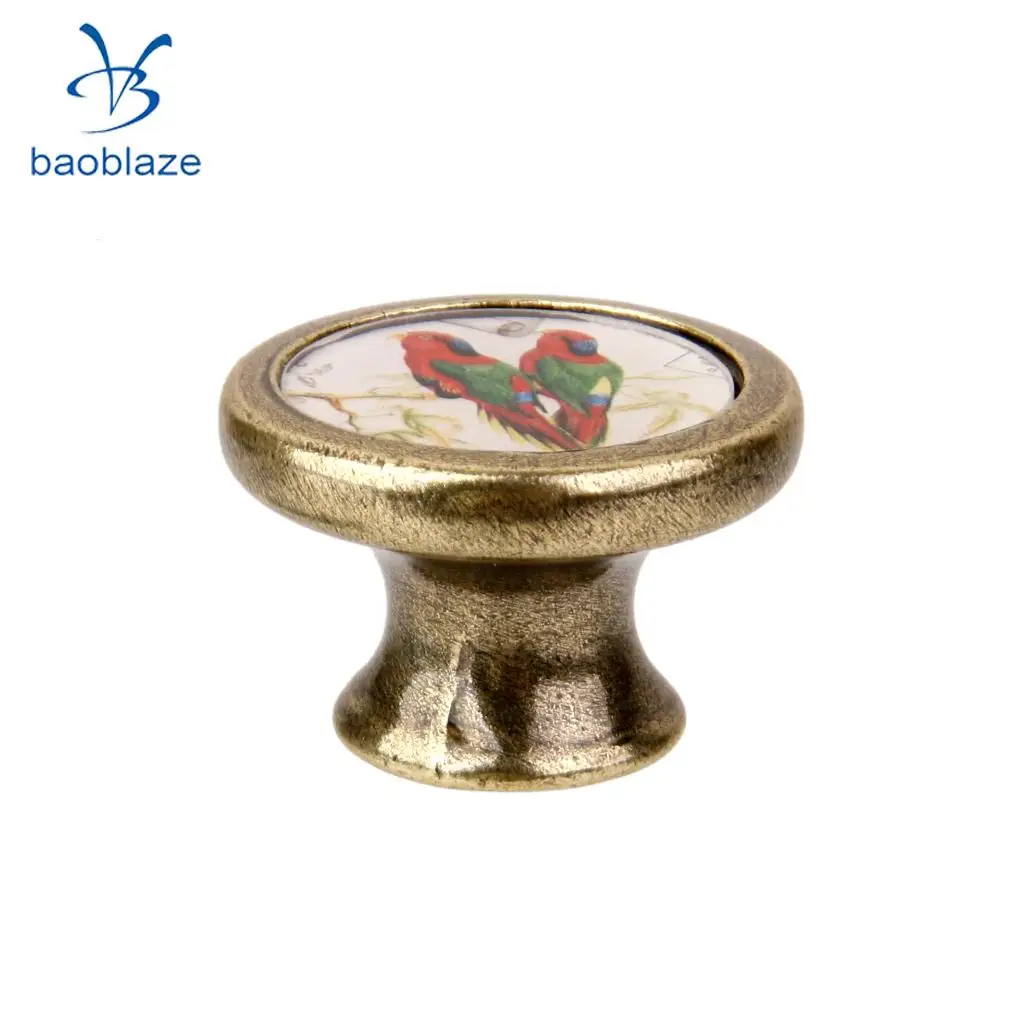 2 Pieces Antique Brass Cabinet Drawer Round Pulls Wardrobe Cabinet Door Cupboard Knob Handle Colorful Birds Pattern