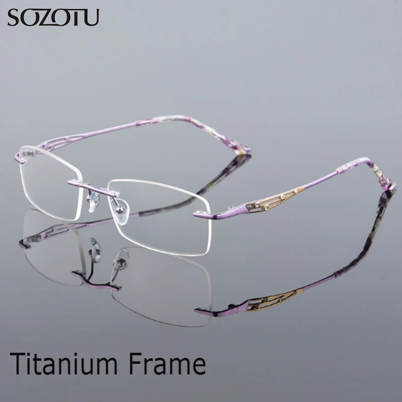 

SOZOTU Spectacle Frame Eyeglasses Women Computer Optical Prescription Female Titanium Rimless Clear Lens Glasses Frame QF236