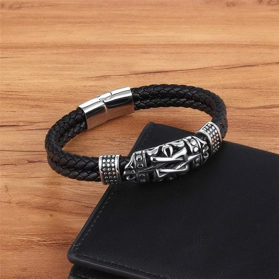 XQNI Punk Style Ancient Architecture Totem Elegant Small Adorn Article Genuine Leather Bracelet Double Layer Hand Jewelry Gift