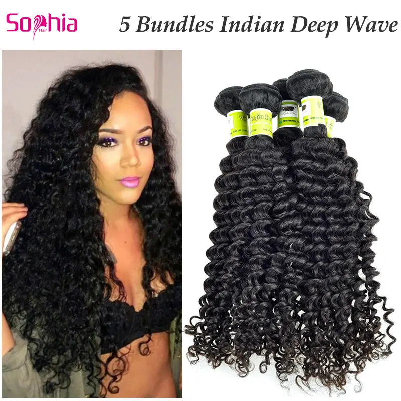 

Grade 7A Deep Wave Indian Virgin Hair Weave 5 Bundles/Lot,Sophia Hair Products Indian Curly Virgin Human Hair Cuticle Aligned