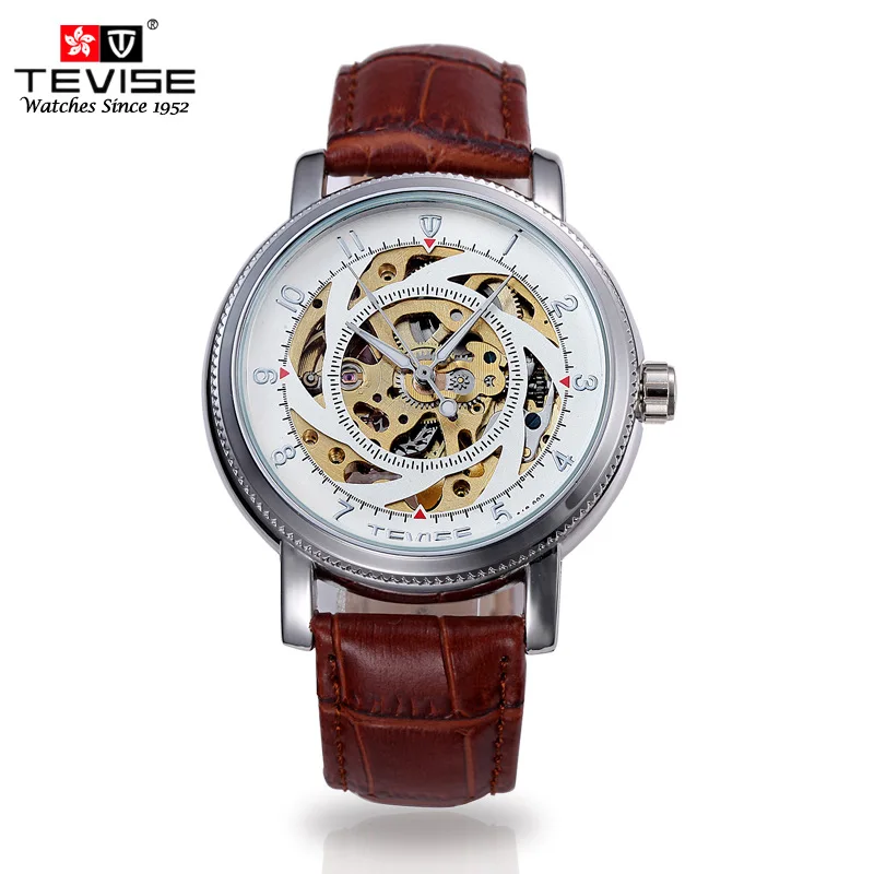 Leather Strap Automatic mechanical watches hollow men s watch waterproof clock Fashion Gear Dial design brand