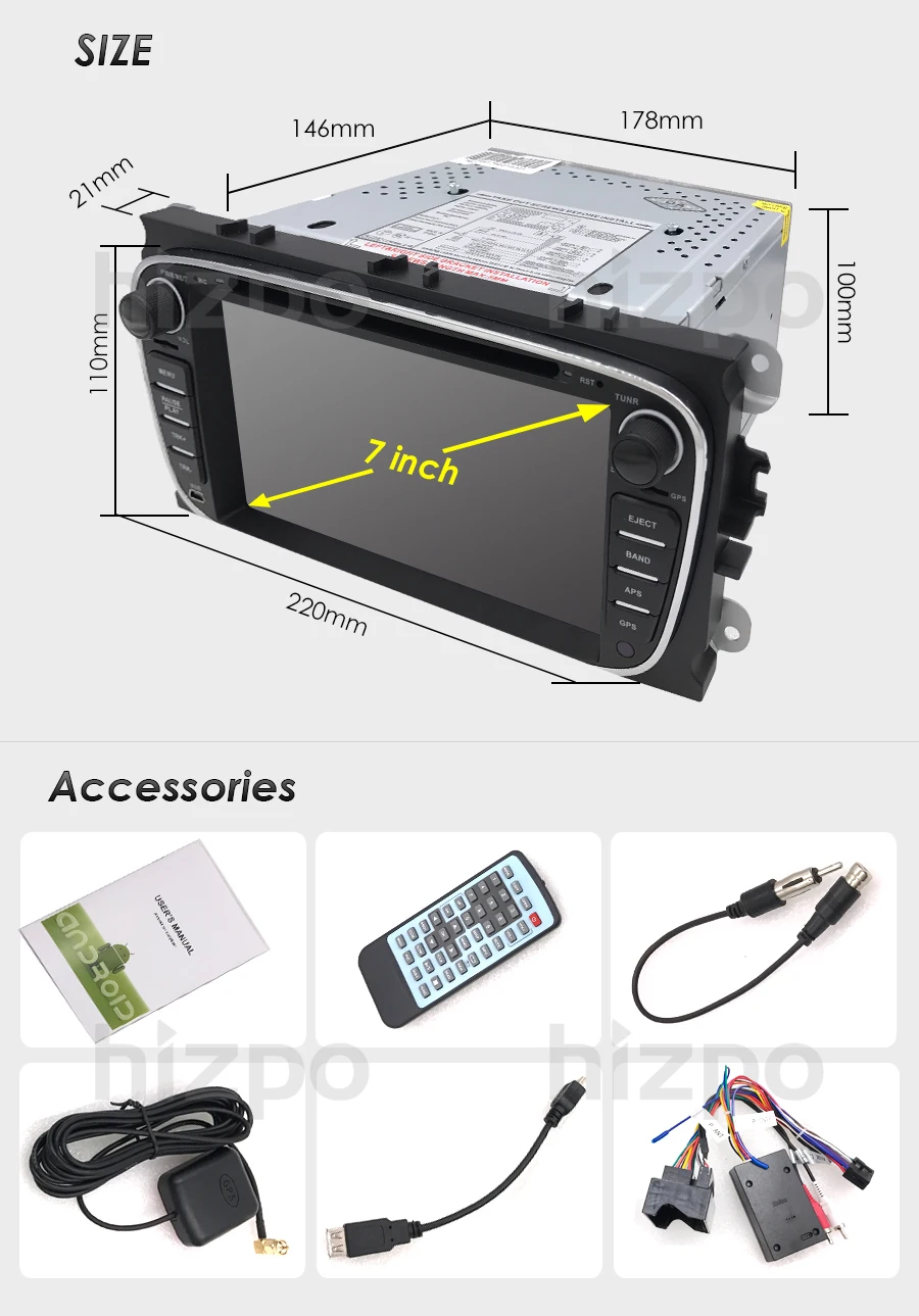 Best Hizpo 1G+16G Android 8.1 car dvd Navigation for focus ford mondeo ford kuga ford S-MAX C-MAX car radio GPS 1024*600 bluetooth 4G 28