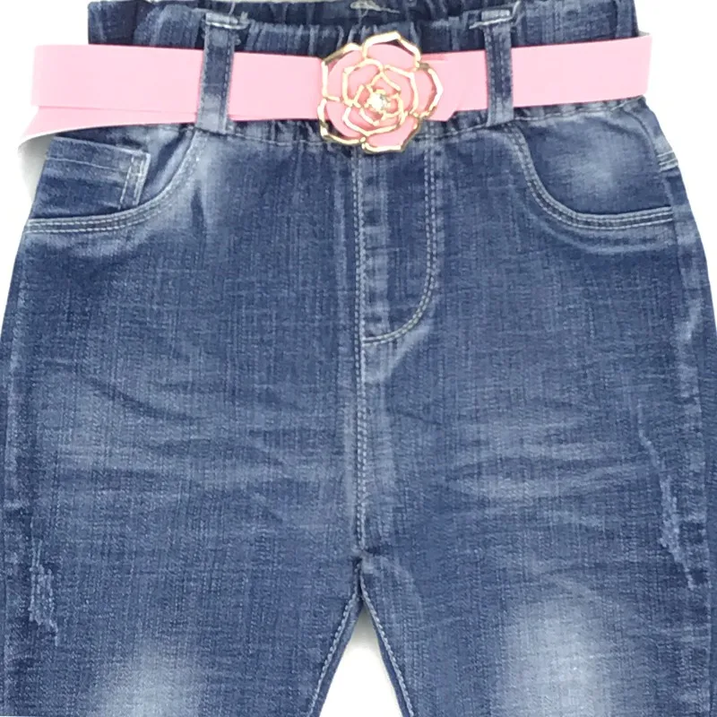 Новые дизайнерские детские милые джинсы штаны для девочек с розовым поясом, джинсы для маленьких девочек детские брюки с эластичной резинкой на талии