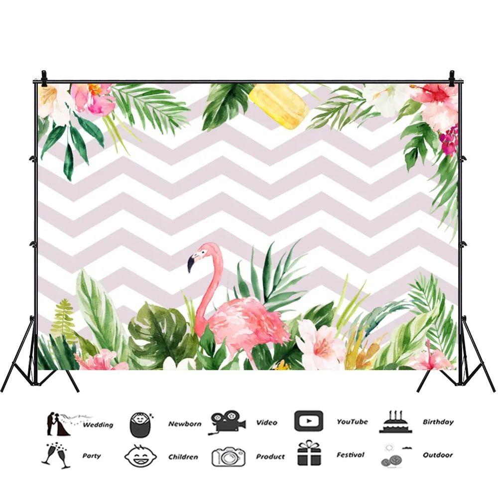 Laeacco Photo Backgrounds Flamingos Baby Birthday Party Chevrons Stripes Palm Tree Leaves Poster Photo Backdrop For Photo Studio