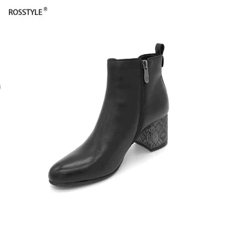 

ROSSTYLE Spring Autumn Boots Classic Zipper Ankle Boots Stylish Metal Decoration Fleeces High Heels Women Boots Sharp Black B21