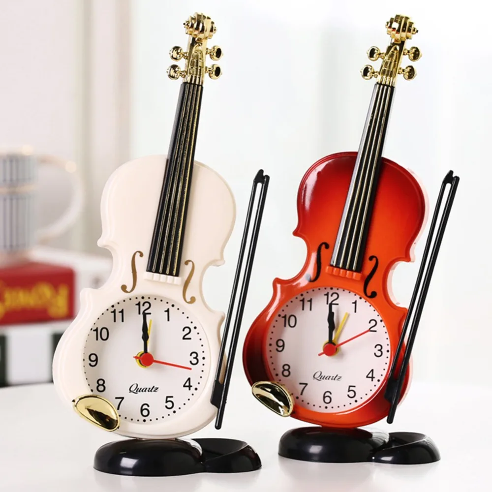 1pc Small Bed Compact Travel Quartz Clock Simulated Violin Alarm Clock#288312