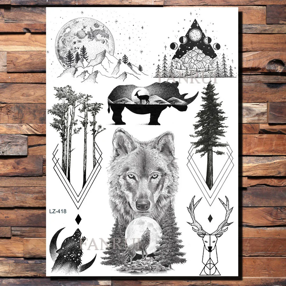 FANRUI Wolf Moon Forest Geomemtric Временные татуировки для мужчин наклейка черные фальшивые