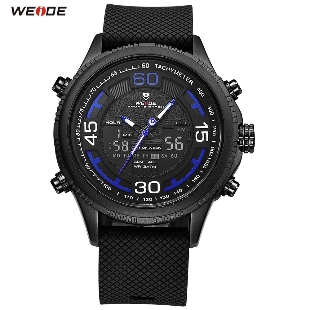 

Original Fashion WEIDE LED Men PU Rubber Band Black Blue Watch Sport Watch Digital Quartz Watch Men Functional Wristwatch Clock