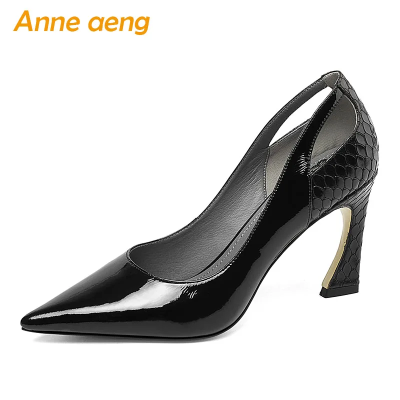 2019 New Genuine Leather Women Pumps High Square Heel Pointed Toe Shallow Sexy Ladies Women Shoes Black High Heels Pumps