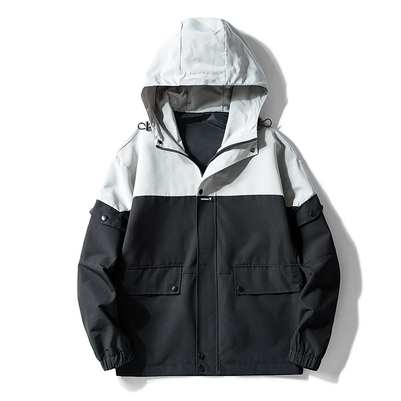 

Trend Men's Hooded Jacket Contrast Color Stitching Letter Printing Streetwear Large Pocket Personality Tooling Coat;YA013