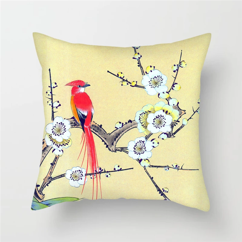 Fuwatacchi Birds and Flowers Cushion Covers Peony Painting Pillow Covers for Home Sofa Chair Decors Lamei Heart Pillowcase 45*45
