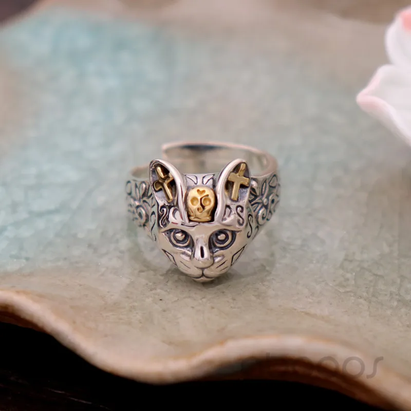 Adjustable Vintage Two Tone 925 Sterling Silver Cat Head Ring Biker Jewelry for Men Women Free Shipping Fashion Jewelry