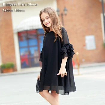 

Big Girls Dress Summer Short-sleeve Flare Sleeve Chiffon Kids Girls Dress Teens Girls Vestidos Black Girl Dress 6-15 years 2018
