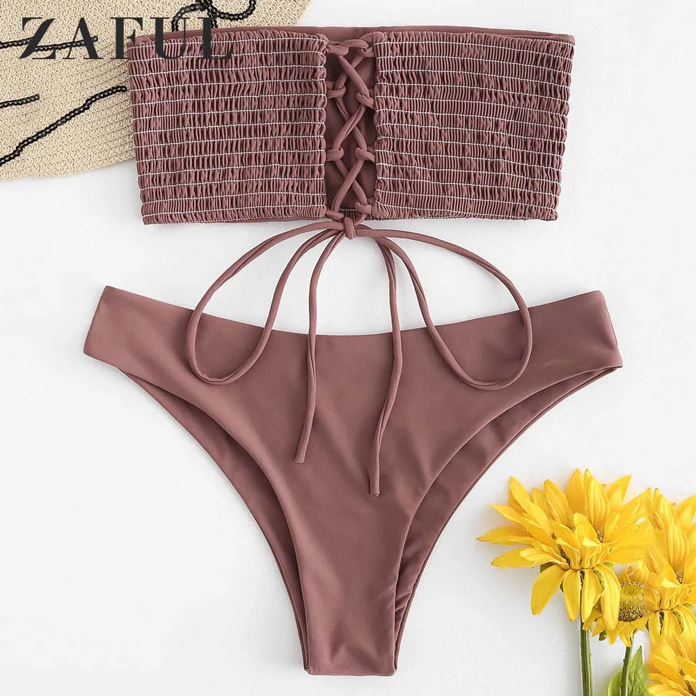 

ZAFUL Bikini Lace-up Smocked Bandeau Bikini Set Strapless Solid Wire Free Swimsuit Women Summer Swimwear Push Up Bathing Suit