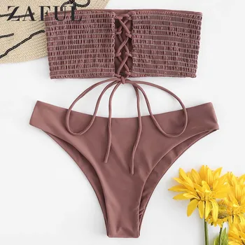 

ZAFUL Bikini Lace-up Smocked Bandeau Bikini Set Strapless Solid Wire Free Swimsuit Women Summer Swimwear Push Up Bathing Suit