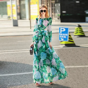 

New spring and summer European station women's wear round collar long sleeved waist printing dress N032110