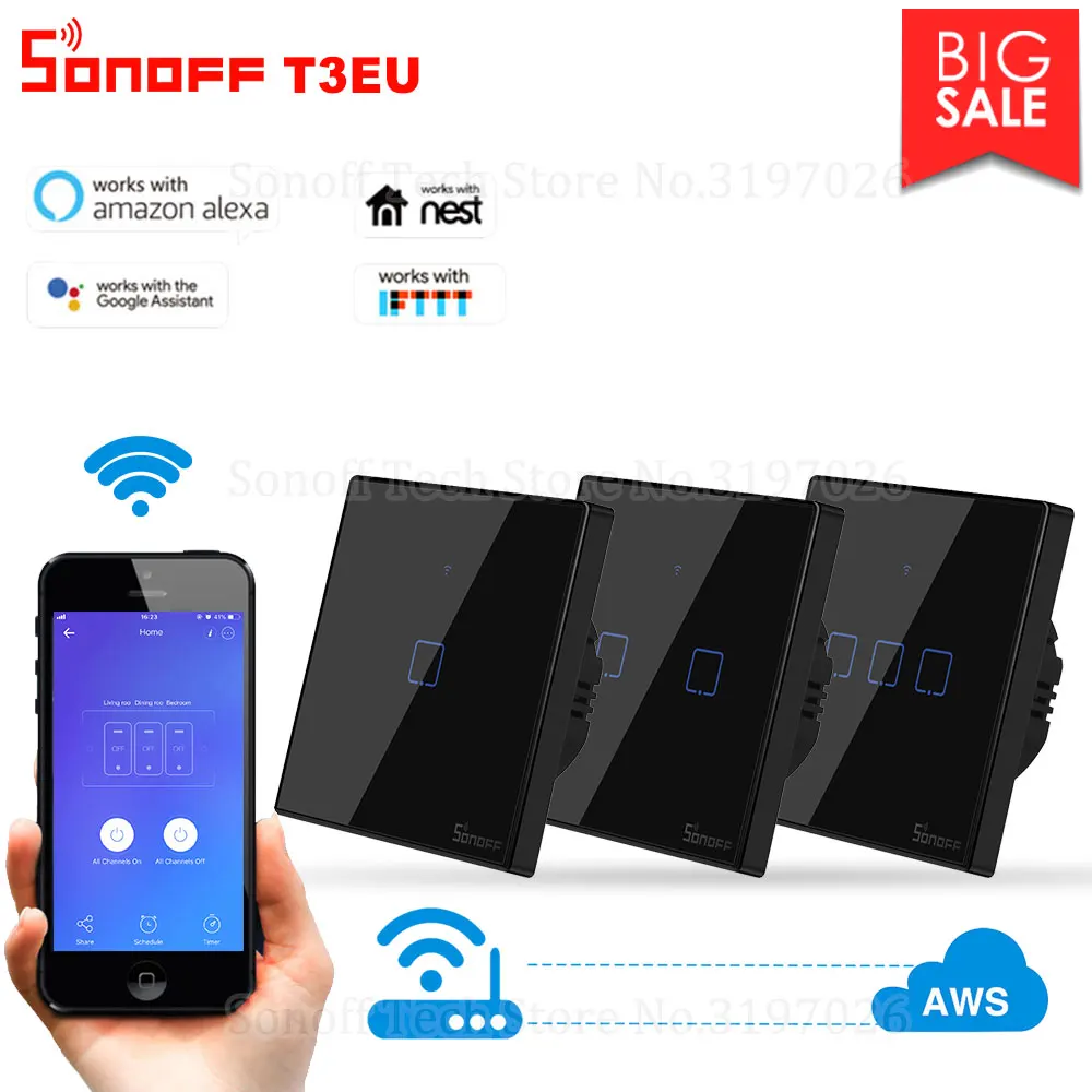 Itead Sonoff T3EU 86 Размеры переключатель Wi-Fi 1/2/3 серии TX 433 МГц RF Дистанционное управление с границы работает с Alexa Google Home