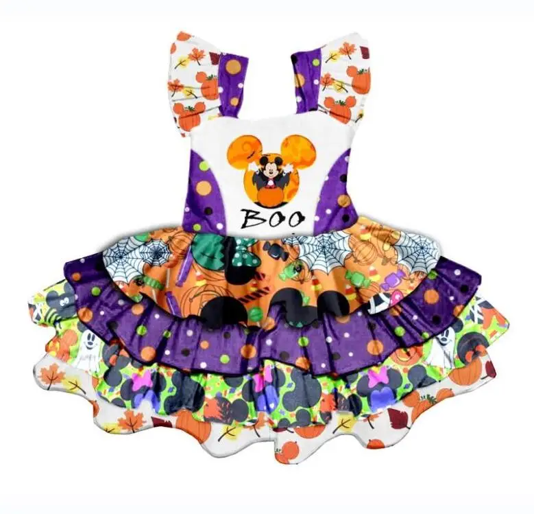 Baratos Halloween púrpura amarillo doblado lado chicas vestido que gira diseño Boutique diseño