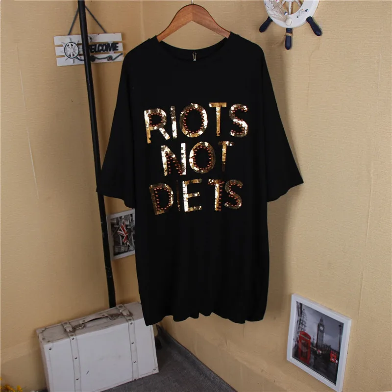 

Korea Super Large Size Women Pullovers T-shirts New Spring Summer Beading Sequins Batwing Short Sleeve Students Cotton Top Loose