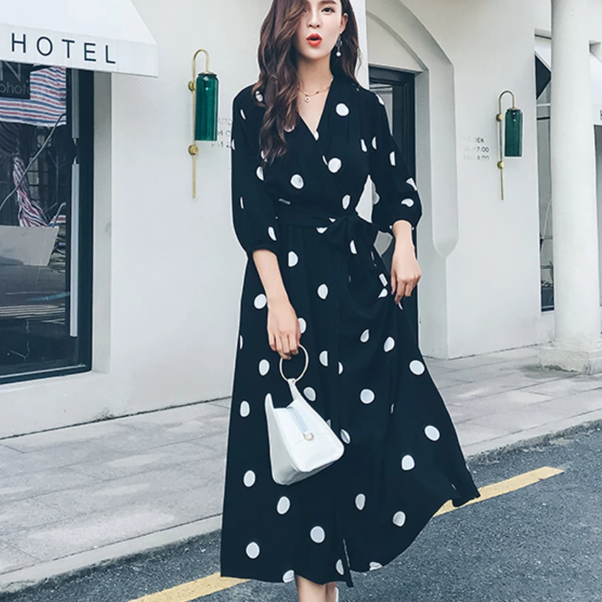 

Women sexy Summer Bohemian Dot Print Beach Dress loose Large Size Vintage Chiffon bandage Dress vestidos de festa dropshipping