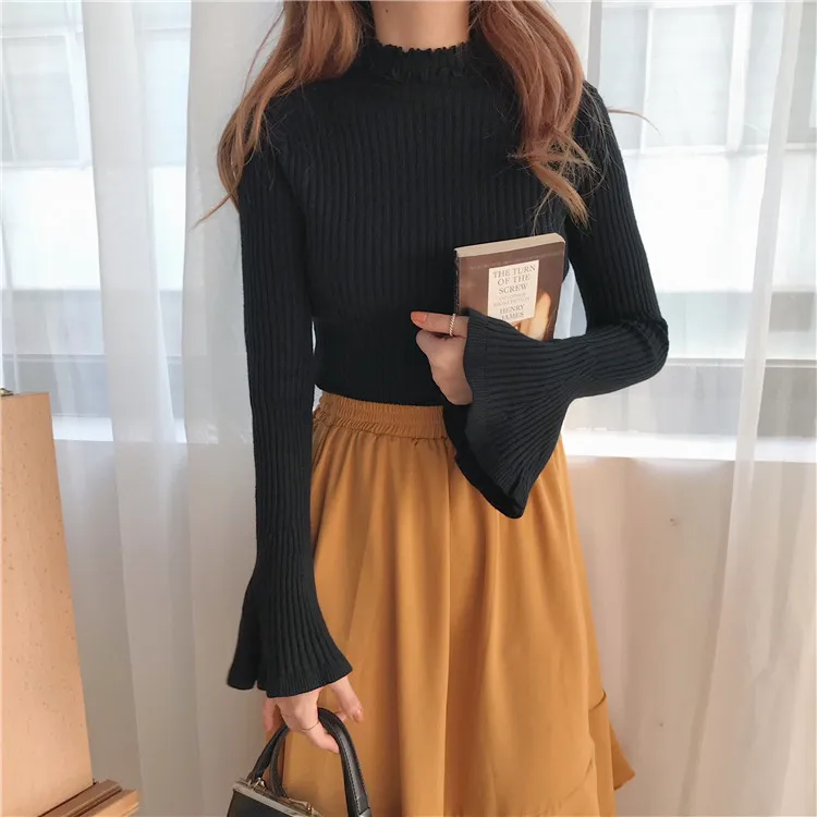 2018 Winter Casual Solid Basic Women Pullover Sweater Lady Thin Knitted Ruffled Collar Long Flare Sleeve Sweater 2018 Winter Casual Solid Basic Women Pullover Sweater Lady Thin Knitted Ruffled Collar Long Flare Sleeve Sweater