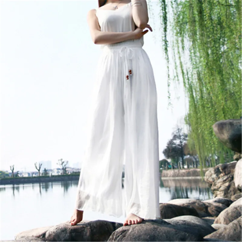 Яркие цвета, летние свободные пляжные брюки большого размера, эластичная юбка с высокой талией, модные шифоновые брюки, широкие брюки G959 - Цвет: White