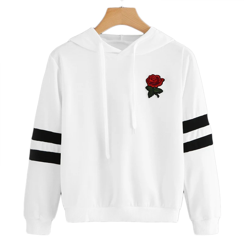 ROMWE белая роза Лоскутная Полосатый рукав шнурок Толстовка женская одежда осенняя повседневная с капюшоном с длинным рукавом толстовки пуловеры