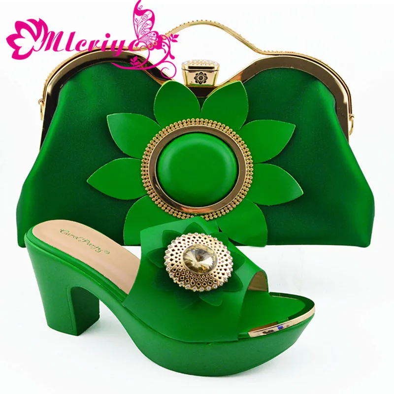 

Fashionable African Slippers and Bag Set Green with Royal Blue Color Italian Shoes with Matching Bags for Wedding Party