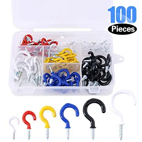 

100-Pieces 6 Sizes White Vinyl Coated Cup Hooks Screw-in Ceiling Hooks Screw Hooks Mug Hooks Hangers Assortment Kit for Home an