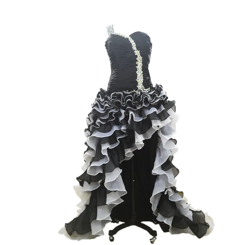 

A-line One Shoulder Organza Ruffled Short Front Long Back Black White Prom Dresses 2019