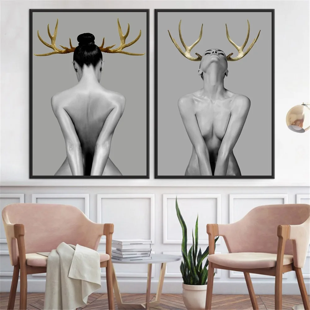 Modern Black White Elk Antlers Nude Women Canvas Painting Wall Art Poster Picture For Living Room Bedroom Home Decor No Frame