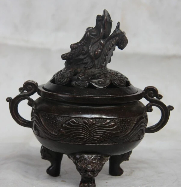 

S1601 7 China Buddhism Temple Palace Bronze Copper Carved Dragon Incense Burner Censer D0318