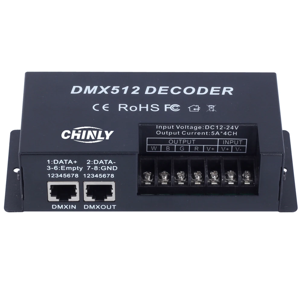 DMX 512 RGBW светодиодный декодер, 4 Каналы RGBW, постоянный диммер, светодиодные полосы света, черная пластиковая коробка, DMX RGB контроллер 5A DC12-24V