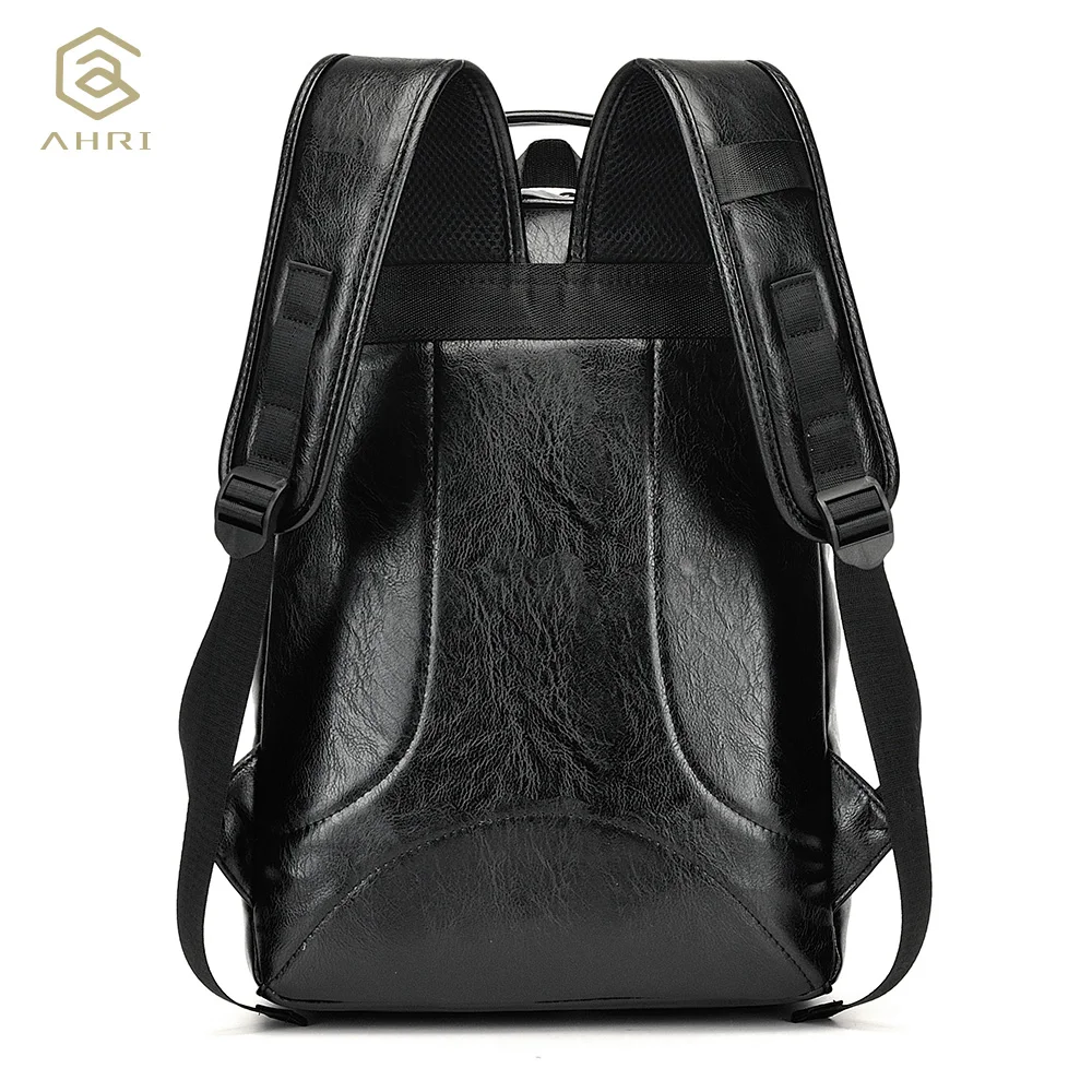 AHRI Men Business Casual Backpacks for School Travel Bag Black PU Leather Men's Fashion Shoulder Bags Vintage Boys Men Backpack