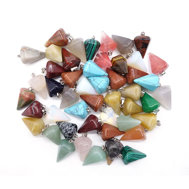 

Wholesale 50Pcs Natural Stone Crystal Faceted Wicca Pendulum Pyramid Healing Reiki Chakra Dowsing Pendant Suspension Making