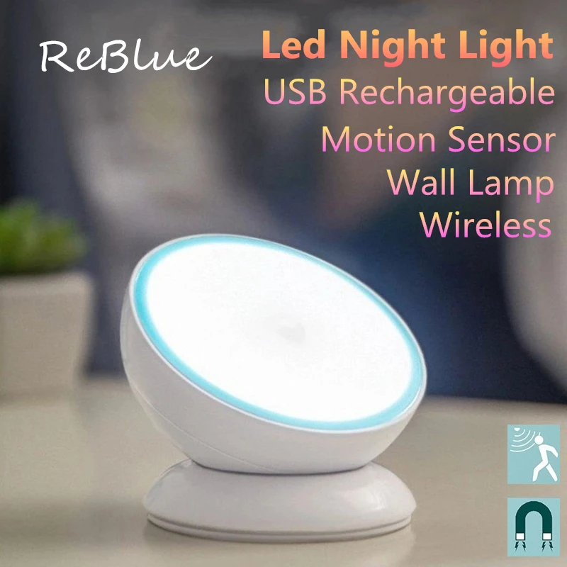 

ReBlue Motion Sensor Night Light Rechargeable Night Lamp Motion Sensor Wireless Wall Lamp Nachtlampje Gece Lambas USB Night Lamp