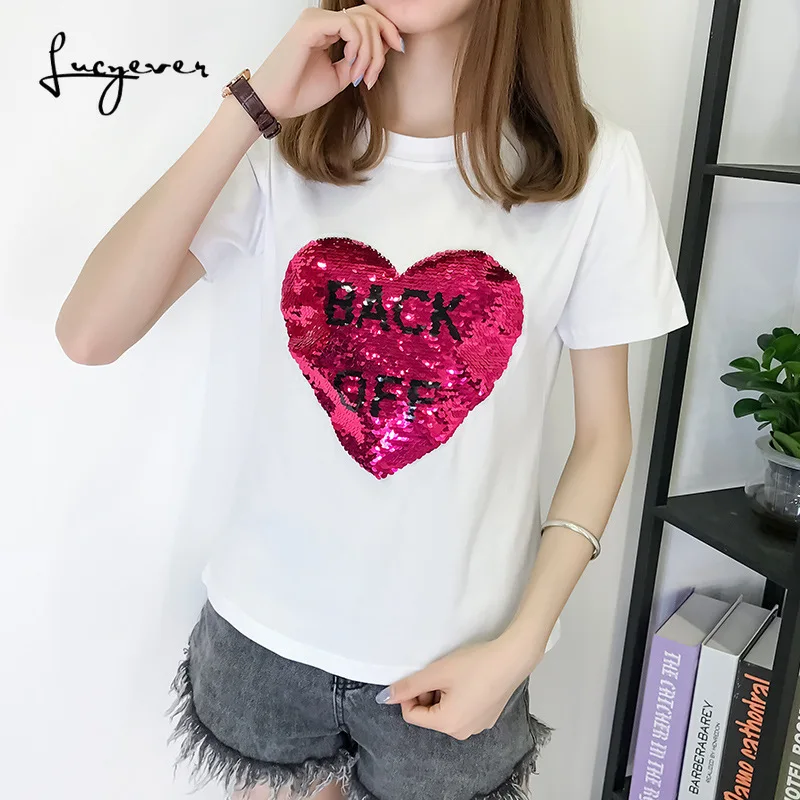 

Lucyever Fashion 2019 summer t shirt sequined red heart letter women tops casual loose short sleeve tees Korean 95% cotton 2019