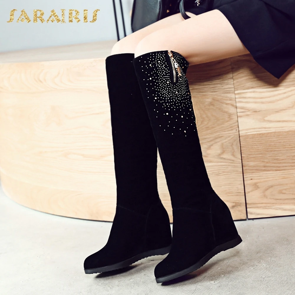 SARAIRIS/модные увеличивающие рост женские элегантные на молнии женская обувь сапоги до колена женские ботинки Большие размеры 32–43