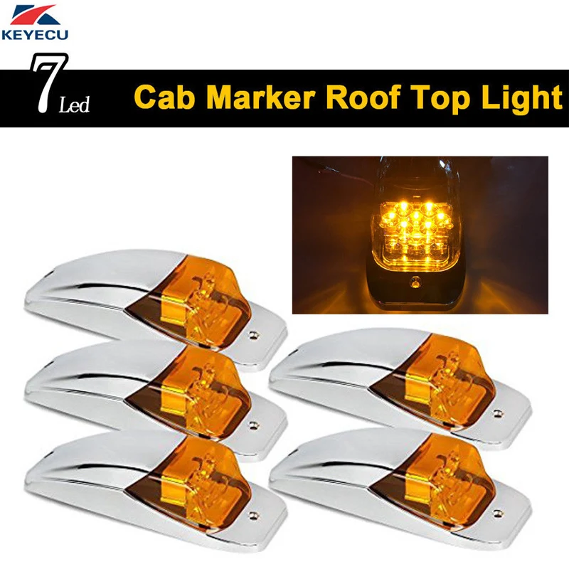 

KEYECU 5x 7Led Amber Lens Amber LED Roof Top Cab Marker Light Chrome Light for Kenworth Peterbilt Freightliner Mack